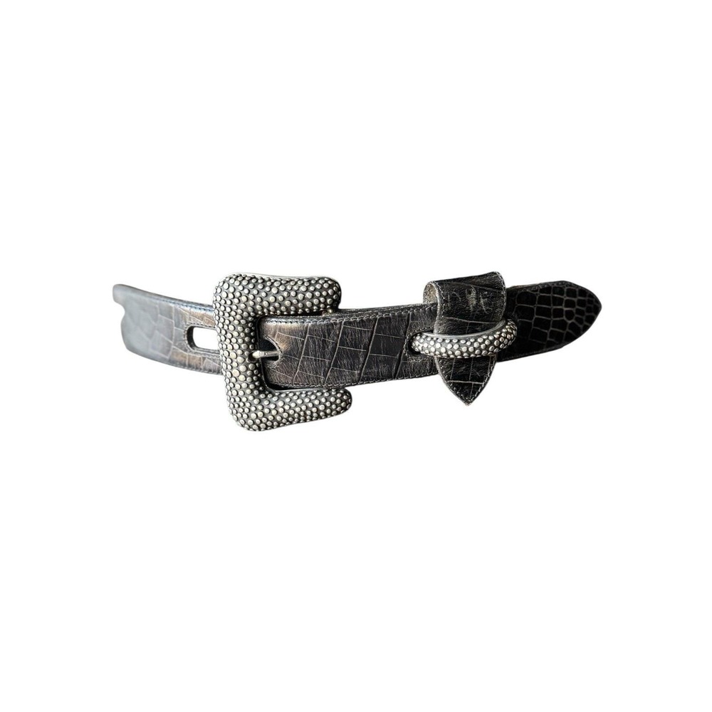 Oversized Vintage Vicenza Italian Calfskin Belt Black Silver Textured Buckle 38"
